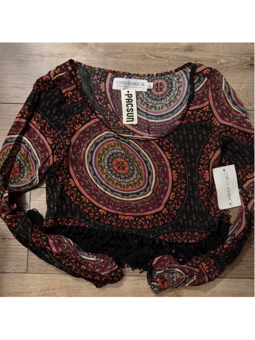 NWT Gypsy Warrior x PacSun boho fringe top with an allover mandala paisley print